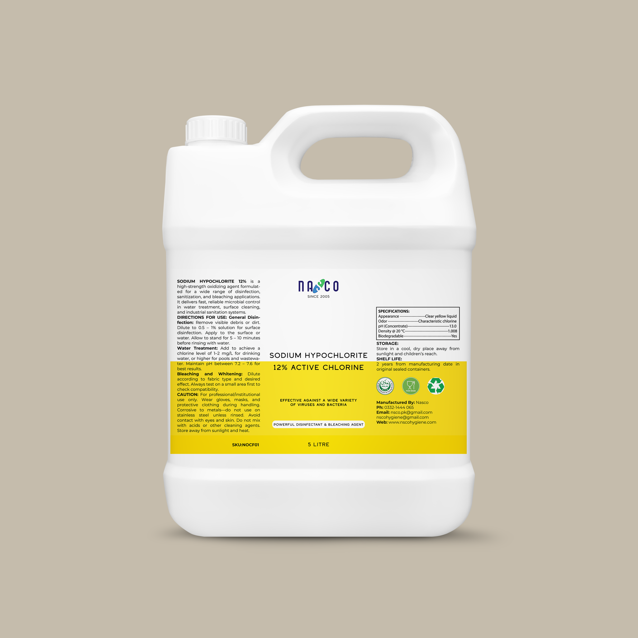 Nasco Sodium Hypochlorite – 12% Active Chlorine | 5Litre-30Litre